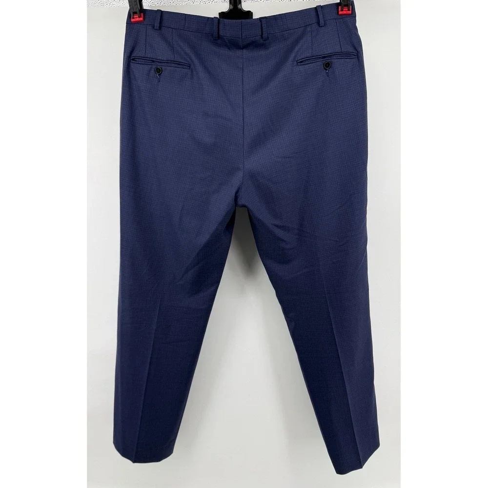 Hickey Freeman Men‎ 40x32 Navy Blue Gingham Check Wool Slacks Trousers